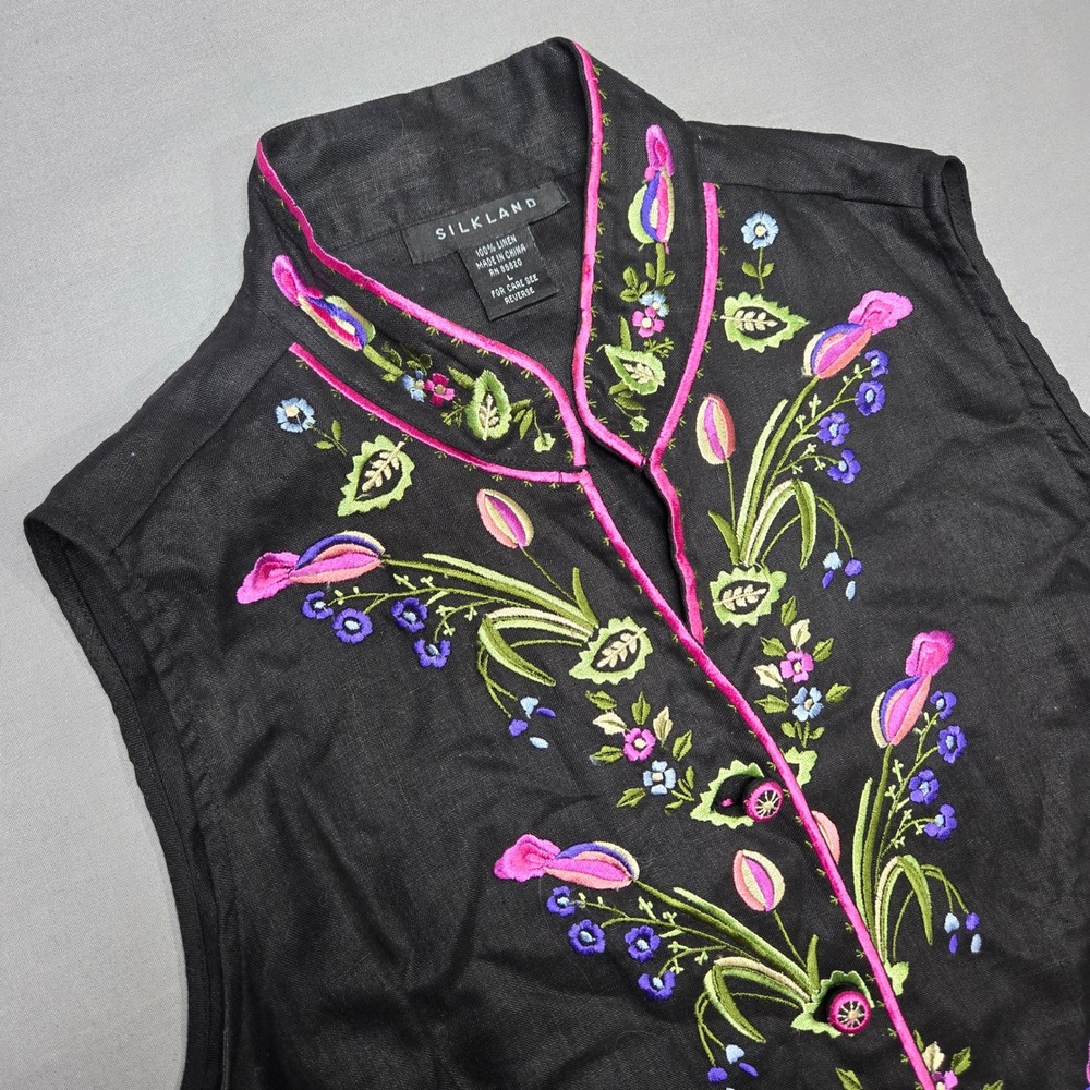 Silkland Black Linen Vest Embroidered Floral Boho Cottagecore Folk Art Vintage